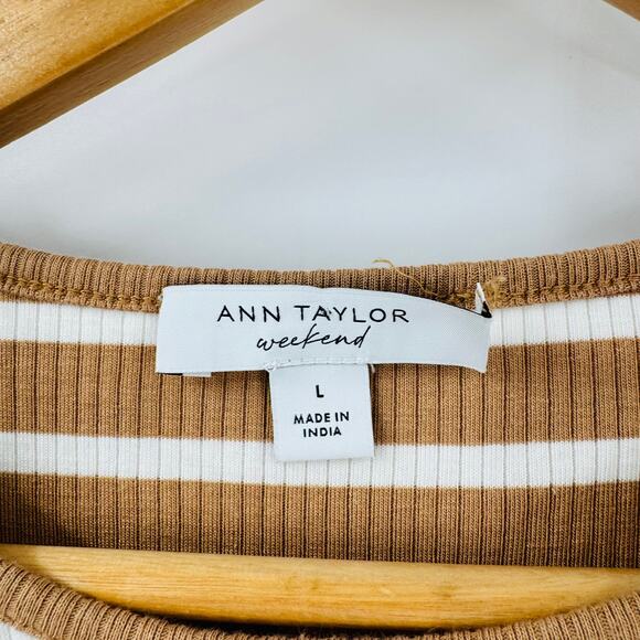 Ann Taylor Weekend Tan White Striped Puff Shoulder Ribbed Long Sleeve Top Size L - Picture 3 of 7